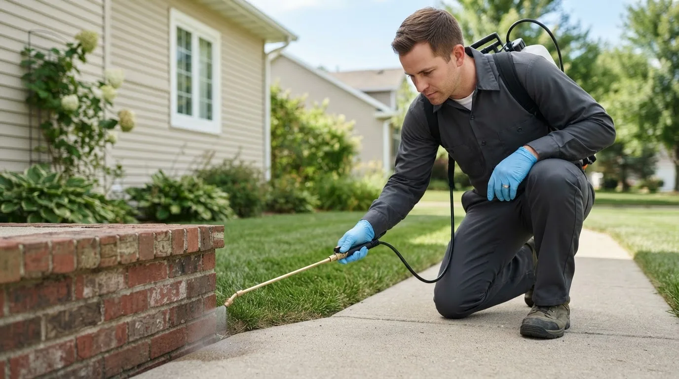 Pest control technician treating a home near Kirkman, IA