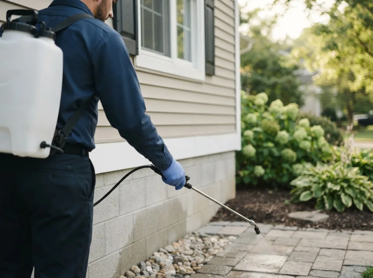 Pest control technician inspecting a home in Kirkman, IA